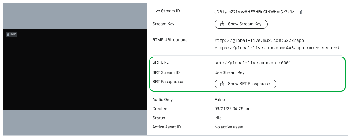 SRT connection details in the Mux Live Stream dashboard